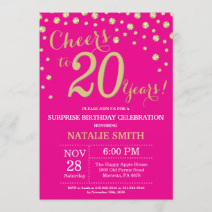 Hot Pink and Gold Surprise 20th Birthday Diamond Invitation