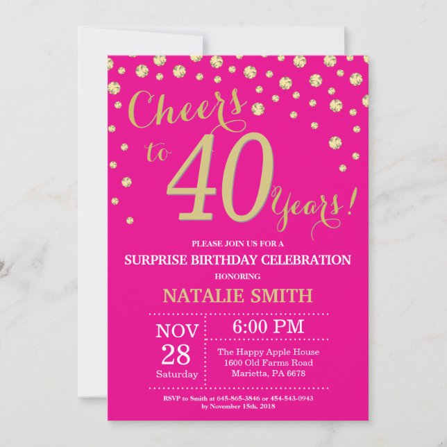 Hot Pink and Gold Surprise 40th Birthday Diamond Invitation (Front)