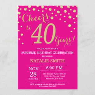Hot Pink and Gold Surprise 40th Birthday Diamond Invitation
