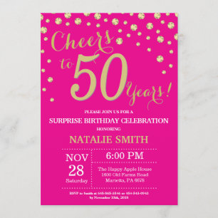 Hot Pink and Gold Surprise 50th Birthday Diamond Invitation