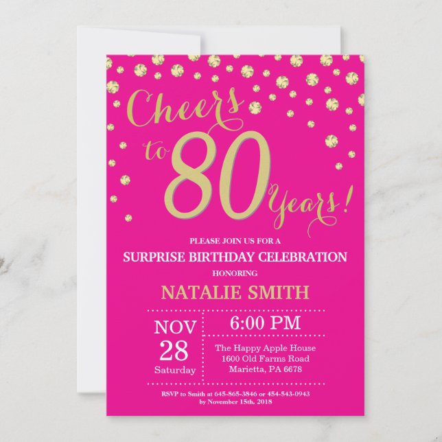 Hot Pink and Gold Surprise 80th Birthday Diamond Invitation (Front)