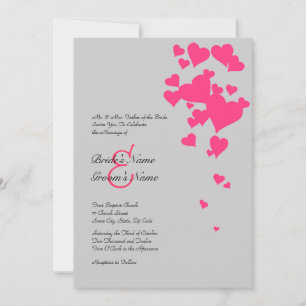 Hot Pink and Gray Hearts Wedding Invitation