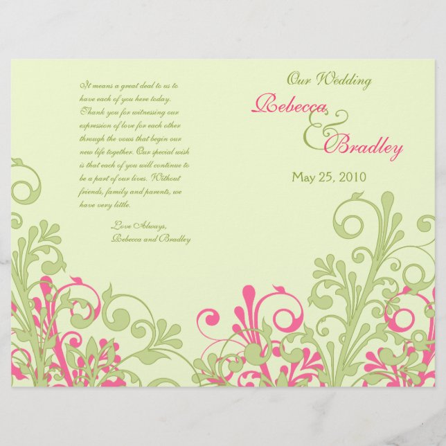 Hot Pink and Green Abstract Floral Wedding Program (Front)