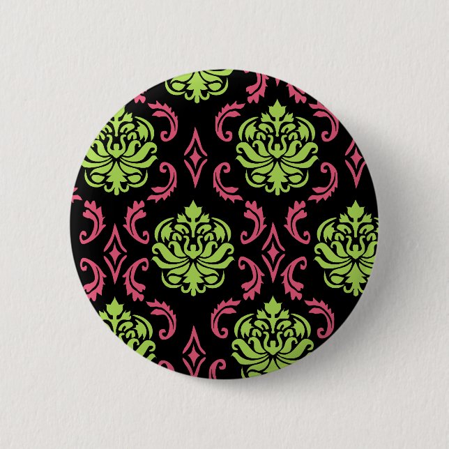 Hot Pink and Green Damask 2 Inch Round Button (Front)