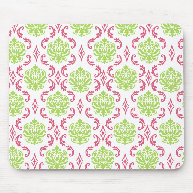 Hot Pink and Green Damask Mouse Pad (Front)