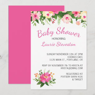 Hot Pink and Green Flowers Floral Baby Shower Invitation