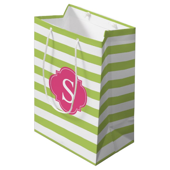 Hot Pink and Green Stripes Pattern and Monogram Medium Gift Bag (Front Angled)