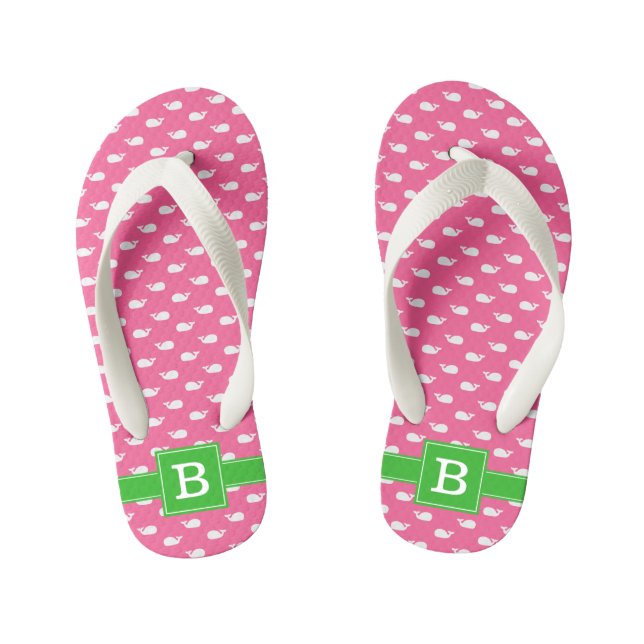 Hot Pink and Green Whales Square Monogram Kid's Flip Flops (Footbed)