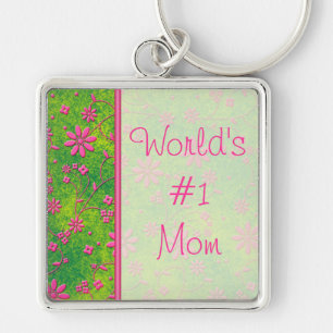 Hot Pink and Green World's #1 Mom Keychain