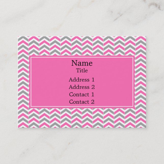 Hot Pink and Grey Chevron Pattern Business Card (Front)