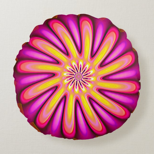 Hot Pink And Groovy Fractal Flower Round Pillow (Front)