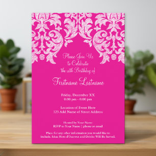 Hot Pink and Lime Girly Damask Pattern Invitation