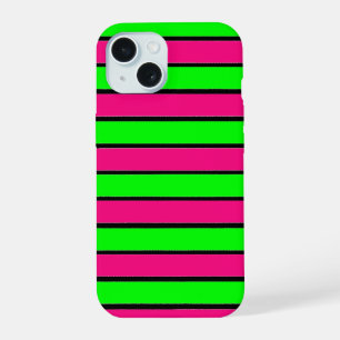 Hot Pink and Lime Green Stripes iPhone 15 Case