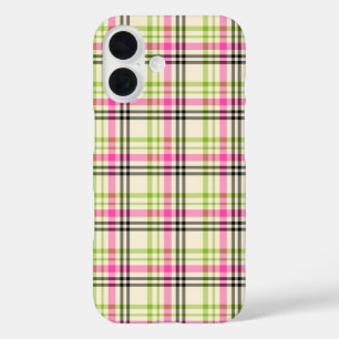 Hot Pink and Lime Green Vintage Plaid Pattern iPhone 16 Case