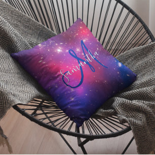 Hot Pink and Navy Blue Celestial Monogram Photo Throw Pillow