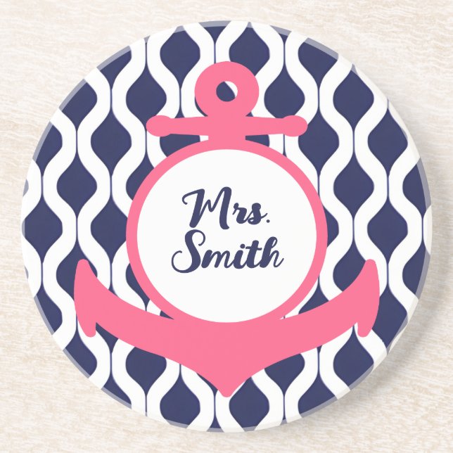 Hot Pink and Navy Blue Nautical Anchor Coaster (Front)
