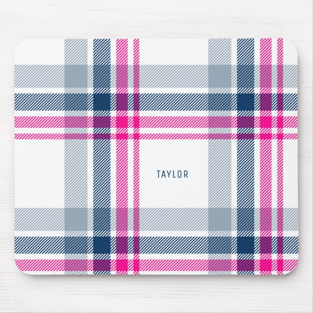 Hot Pink and Navy Blue Plaid Pattern Personalized Mouse Pad (Front)