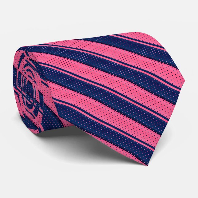 Hot Pink and Navy Blue Polka Dot Stripes Tie (Rolled)