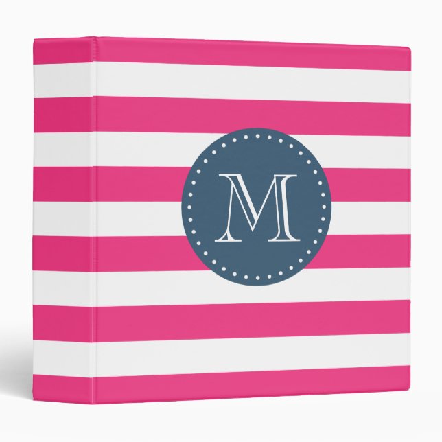 Hot Pink and Navy Blue Stripes Custom Monogram Binder (Front/Spine)