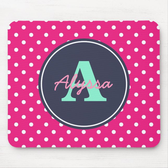 Hot Pink and Navy Dots, Initial, and Name Mouse Pad (Front)