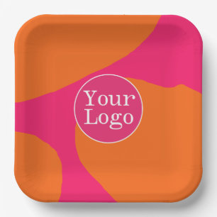 Hot Pink and Orange Abstract Pattern with Logo Paper Plate