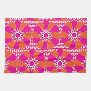 Hot Pink and Orange Bright Flower Pattern Kitchen Towel