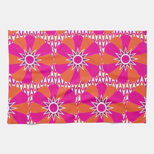 Hot Pink and Orange Bright Flower Pattern Kitchen Towel (Horizontal)