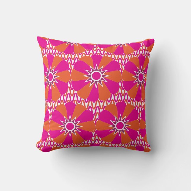 Hot Pink and Orange Bright Flower Pattern Throw Pillow (Front)