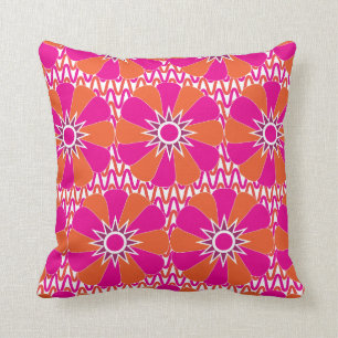 Hot Pink and Orange Bright Flower Pattern Throw Pillow