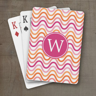 Hot Pink and Orange Chevron Wave Pattern Monogram Playing Cards