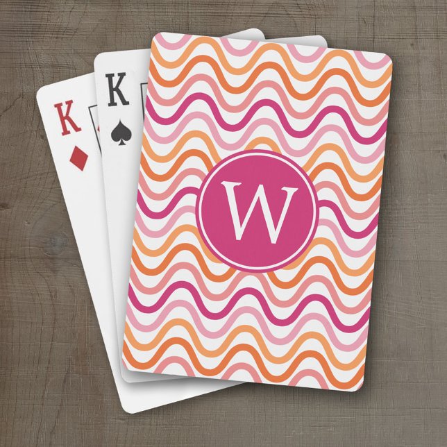 Hot Pink and Orange Chevron Wave Pattern Monogram Playing Cards (Personalized Playing Cards)