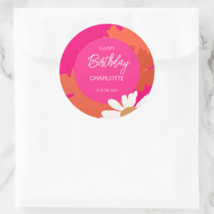 Hot Pink and Orange Daisy Floral Birthday Party  Classic Round Sticker