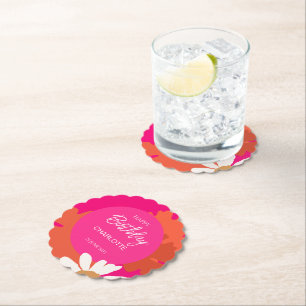 Hot Pink and Orange Daisy Floral Birthday Party  Paper Coaster