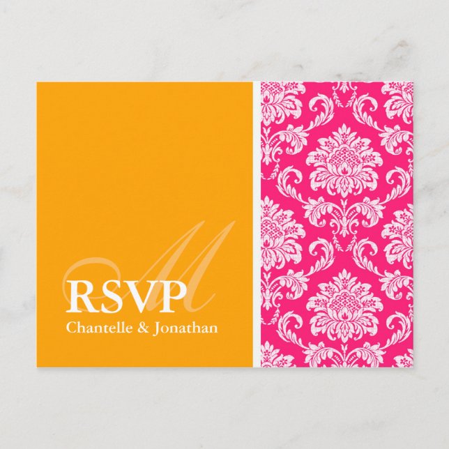 Hot Pink and Orange Damask RSVP Postcard (Front)