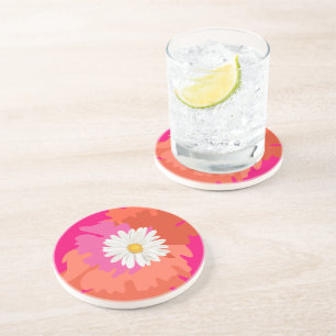 Hot Pink and Orange Floral Daisy Abstract Home  Coaster