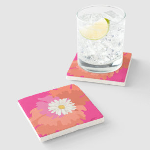 Hot Pink and Orange Floral Daisy Abstract Home  Stone Coaster