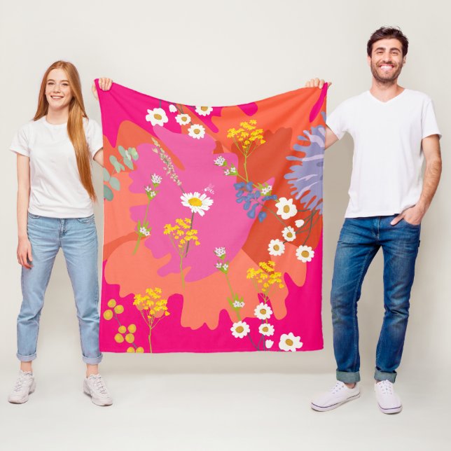 Hot Pink and Orange Floral Garden Abstract  Fleece Blanket (In Situ)