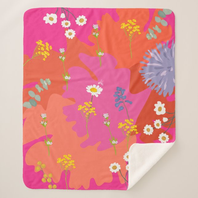 Hot Pink and Orange Floral Garden Abstract  Sherpa Blanket (Front)