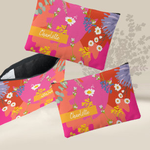 Hot Pink and Orange Floral Garden Personalized Accessory Pouch