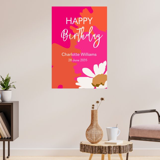 Hot Pink and Orange Floral Happy Birthday Party Poster (Living Room 3)