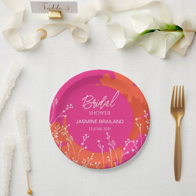 Hot Pink and Orange Floral Meadow Bridal Shower  Paper Plate (Wedding)