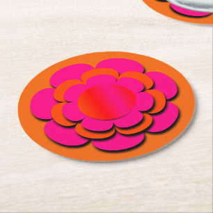Hot Pink and Orange Flower Round Paper Coaster
