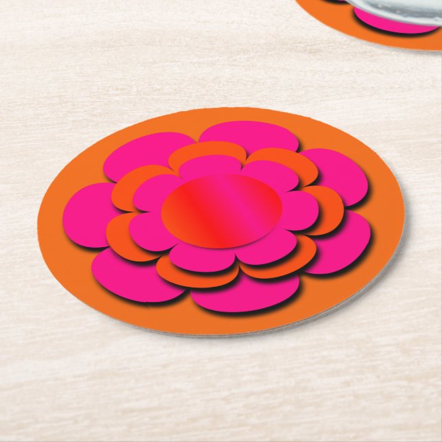 Hot Pink and Orange Flower Round Paper Coaster (Angled)