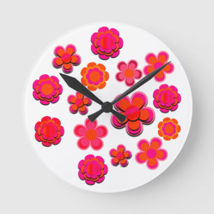 Hot Pink and Orange Flowers  Round Clock
