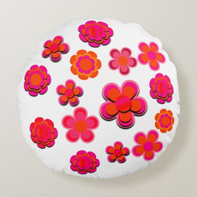 Hot Pink and Orange Flowers  Round Pillow (Front)