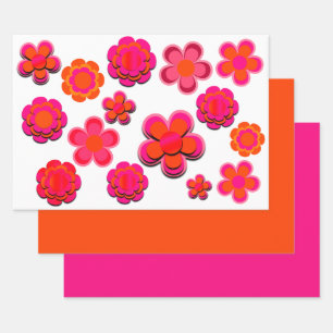 Hot Pink and Orange Flowers Wrapping Paper Sheet