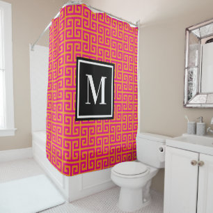 Hot Pink and Orange Greek Key Black White Monogram