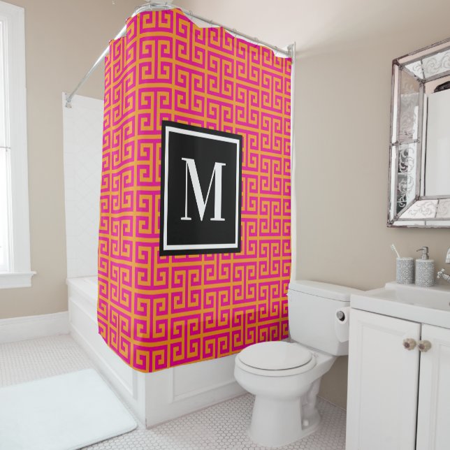 Hot Pink and Orange Greek Key Black White Monogram (In Situ)