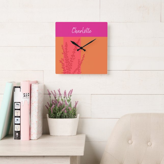Hot Pink And Orange Greenery Leaves Personalized  Square Wall Clock (Reading Room)