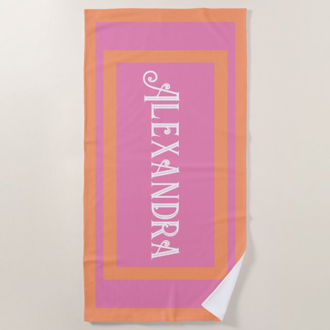 Hot Pink and Orange Personalized Beach Towel (Front)